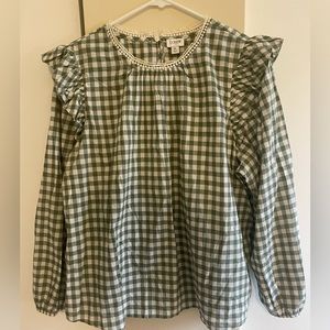 NWT J Crew Factory XL Green Plaid Long Sleeved Ruffle Shoulder 100% Cotton Shirt